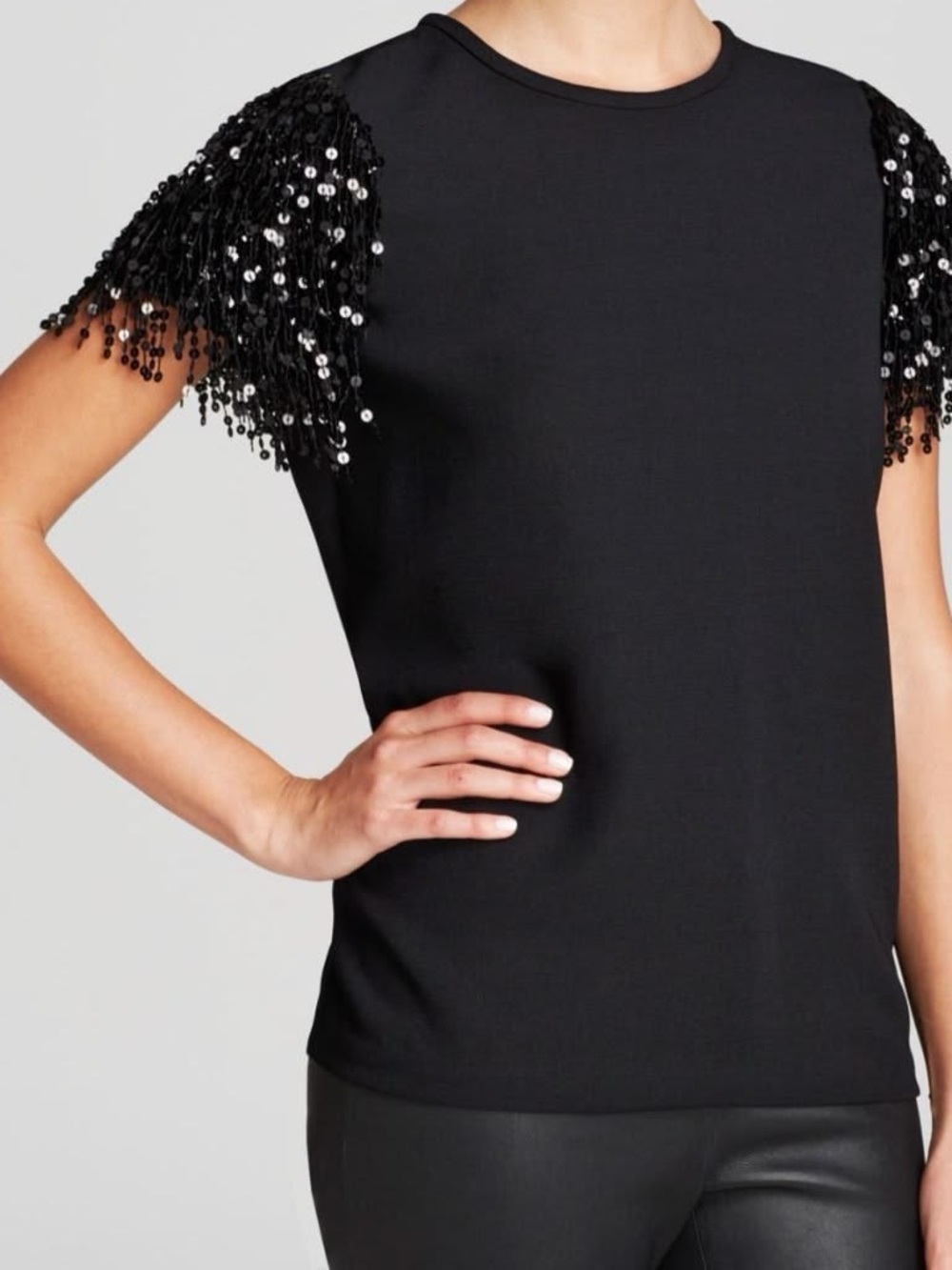 kate spade Black Short Sleeve Top with Sequin Fringe Sleeves